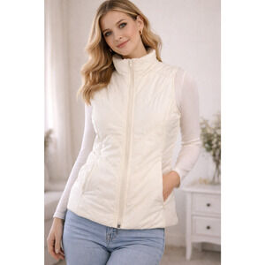T by Talbots Ivory Quilted Puffer Vest Womens XL Full Zip Preppy Minimalist